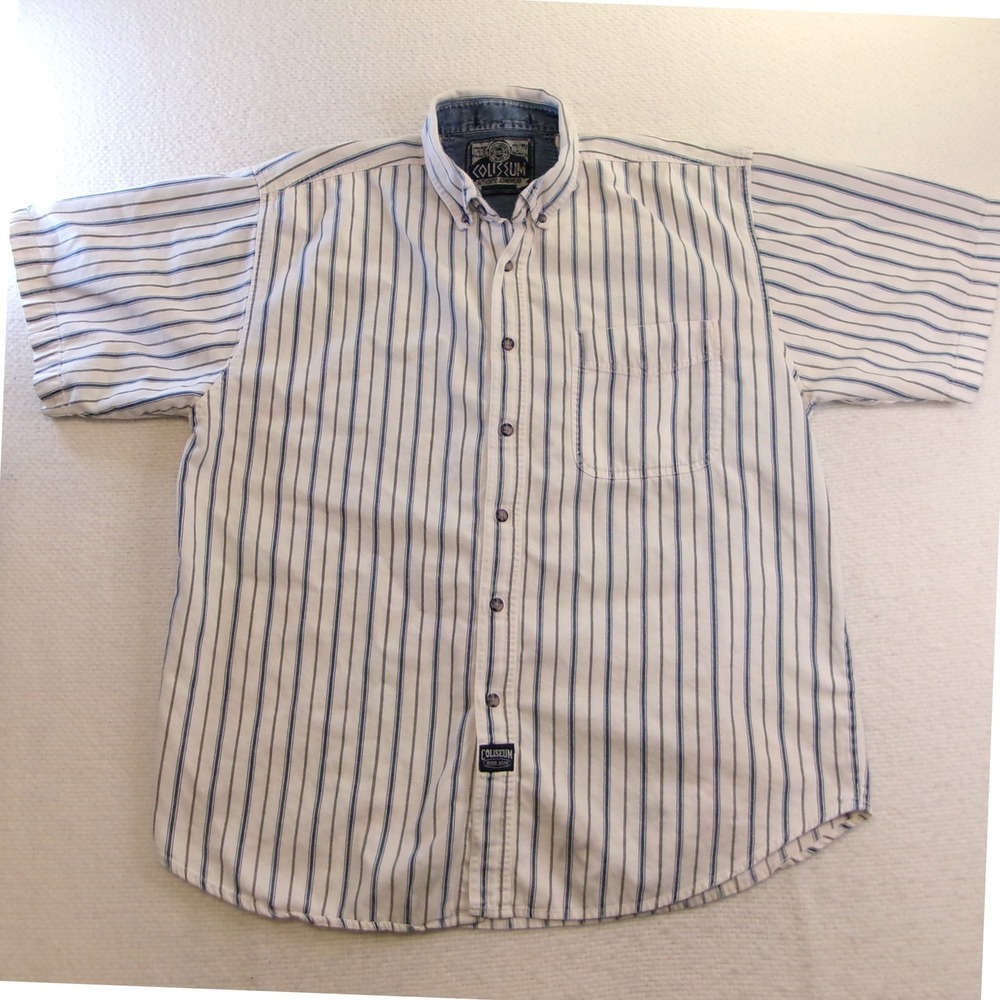 Coliseum Mens XL Short Sleeve Button Down Shirt White‎ Blue Striped Denim Trim